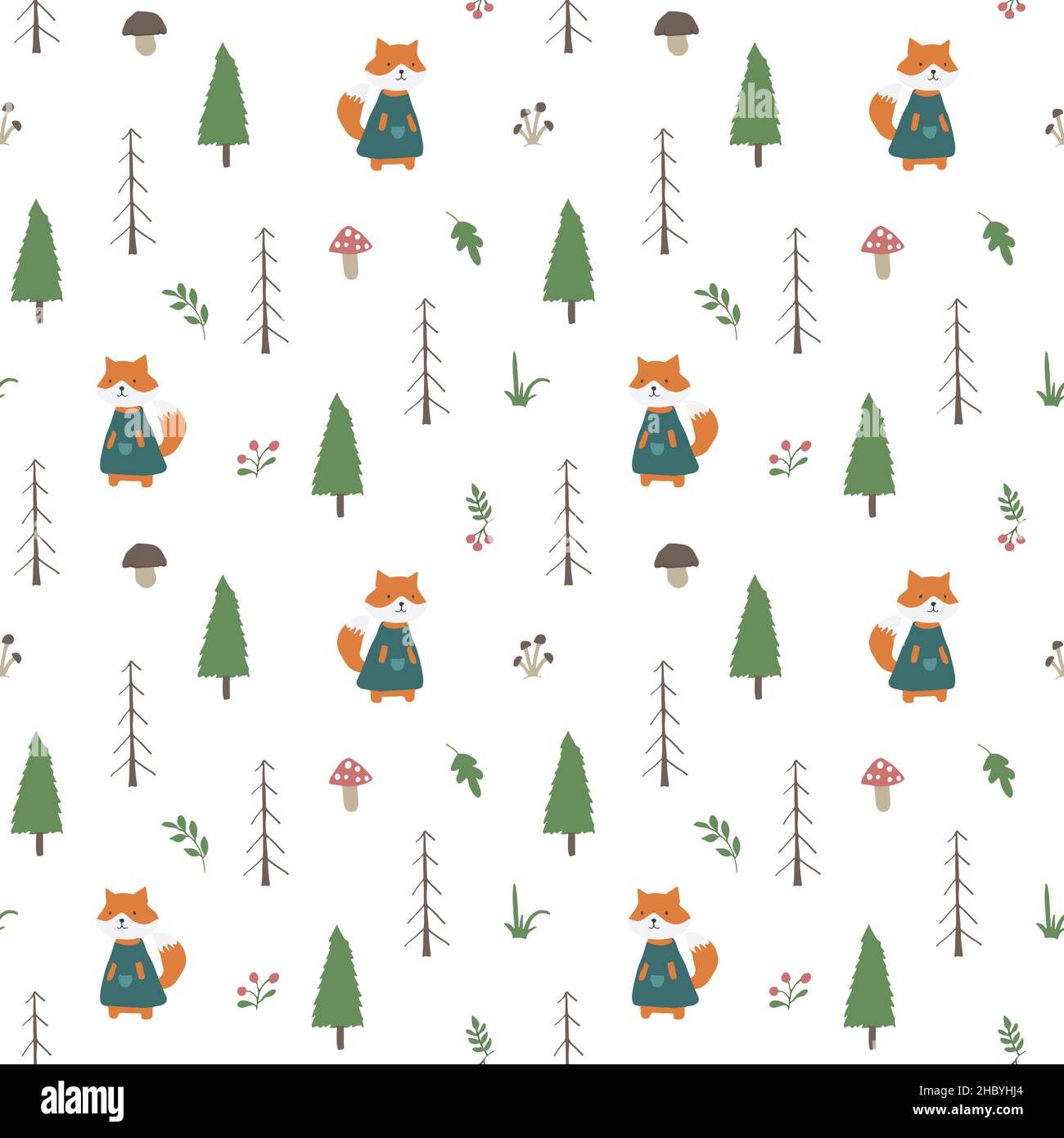 Cute Fox Seamless pattern. Cartoon Animals in forest background. Vector ...