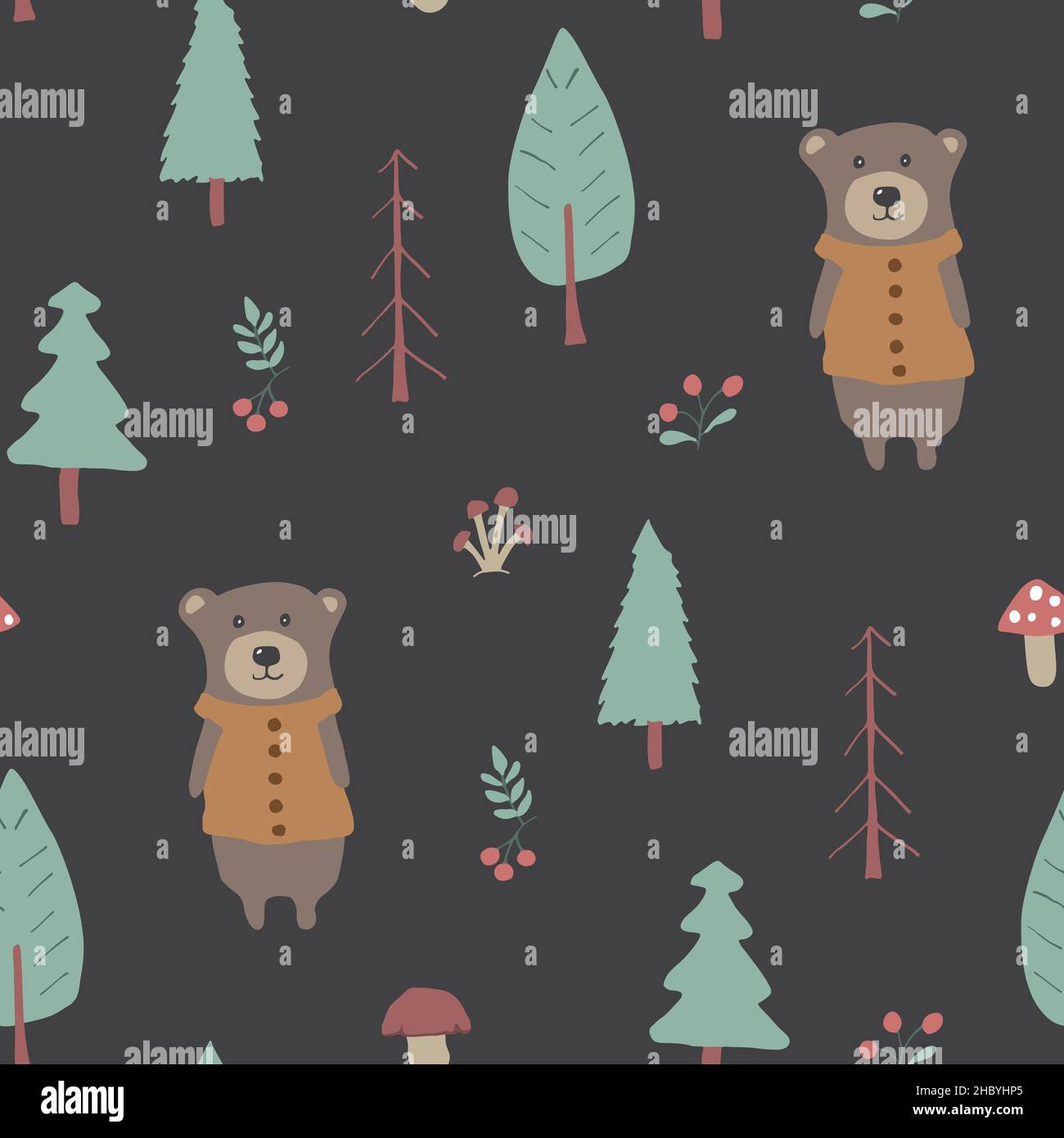 Cute bear Seamless pattern. Cartoon Animals in forest background ...