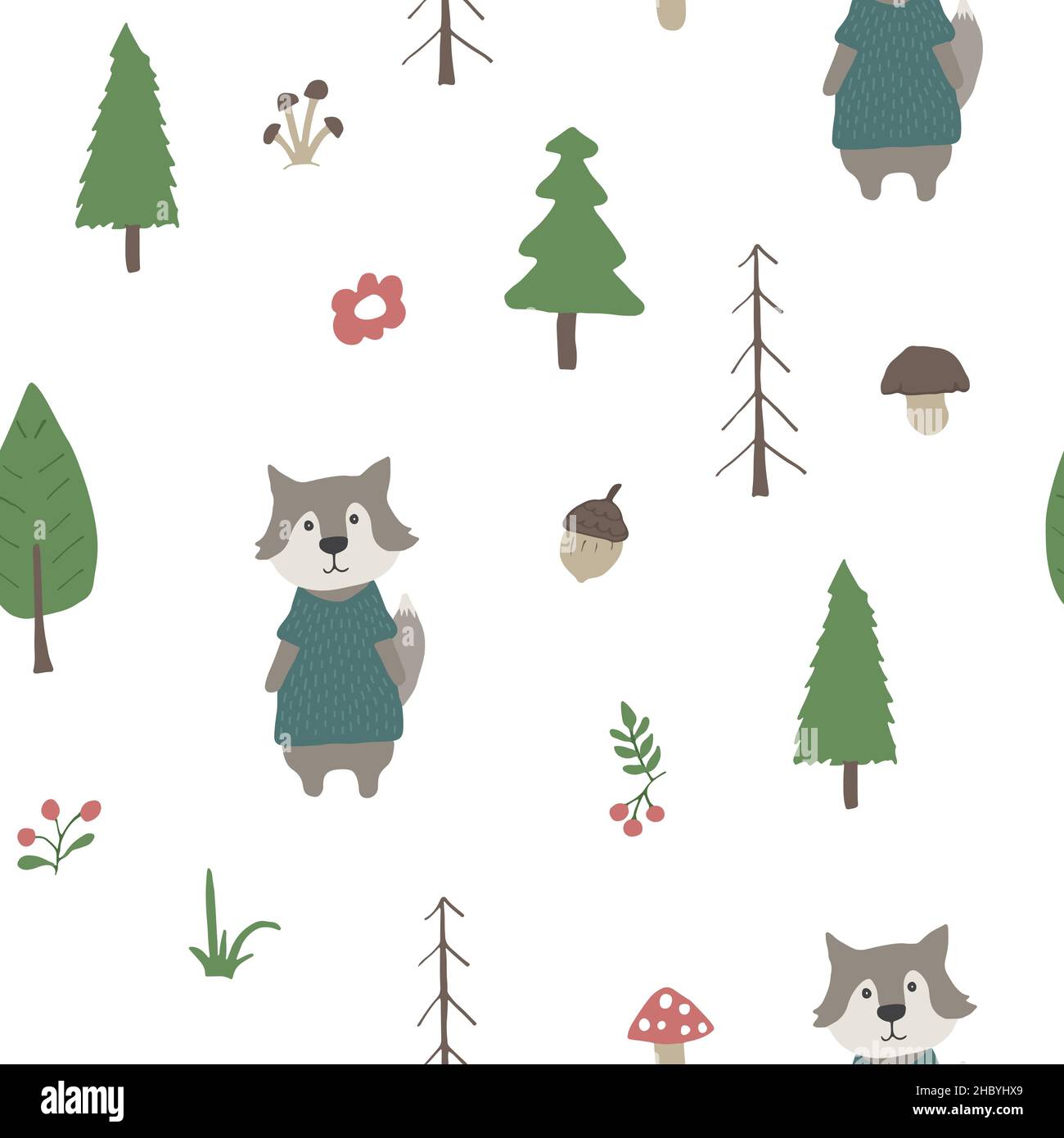 Cute wolf Seamless pattern. Cartoon Animals in forest background ...