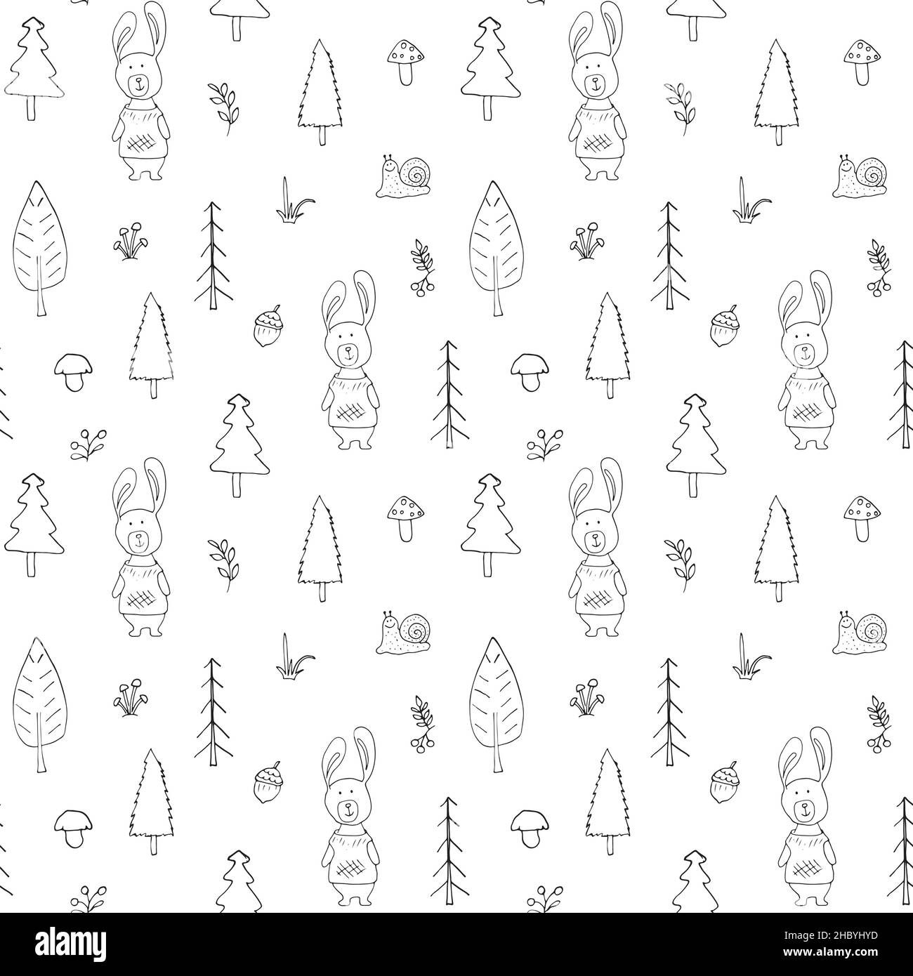 Cute rabbit Seamless pattern. Cartoon Animals in forest background ...