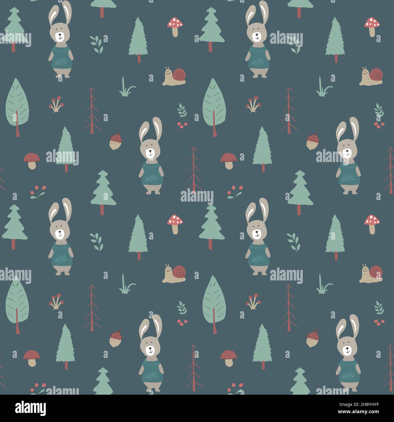 Cute rabbit Seamless pattern. Cartoon Animals in forest background ...