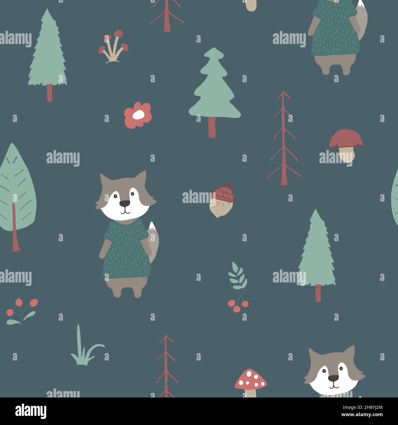 Cute wolf Seamless pattern. Cartoon Animals in forest background ...