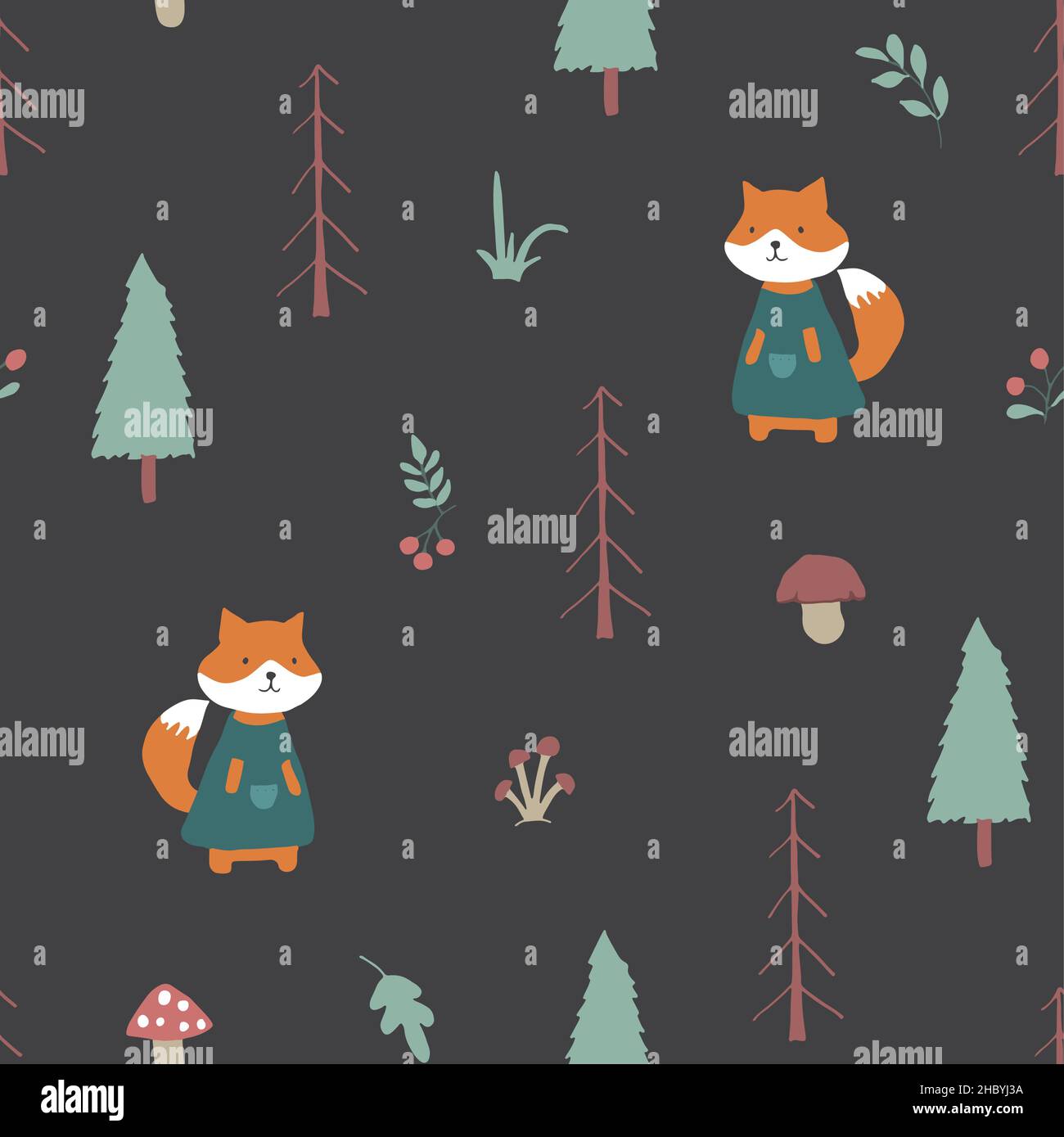 Cute Fox Seamless pattern. Cartoon Animals in forest background. Vector ...