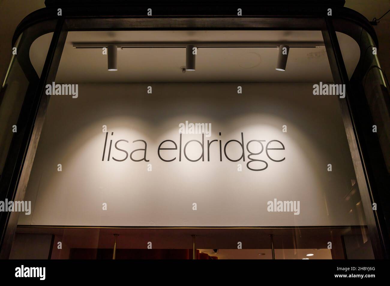 Lisa Eldridge name on the fascia above the entrnace to the pop-up shop in Covent Garden, London WC2: sells cosmetics, lipsticks, makeup Stock Photo