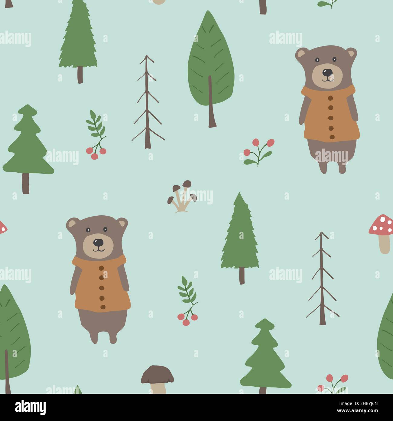 Cute bear Seamless pattern. Cartoon Animals in forest background ...