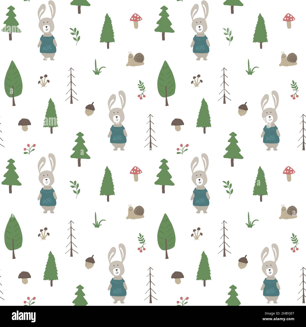 Cute rabbit Seamless pattern. Cartoon Animals in forest background ...