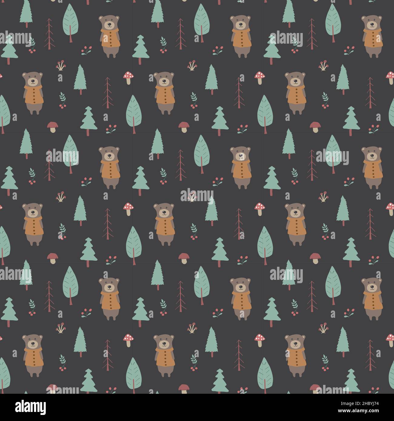 Cute bear Seamless pattern. Cartoon Animals in forest background ...