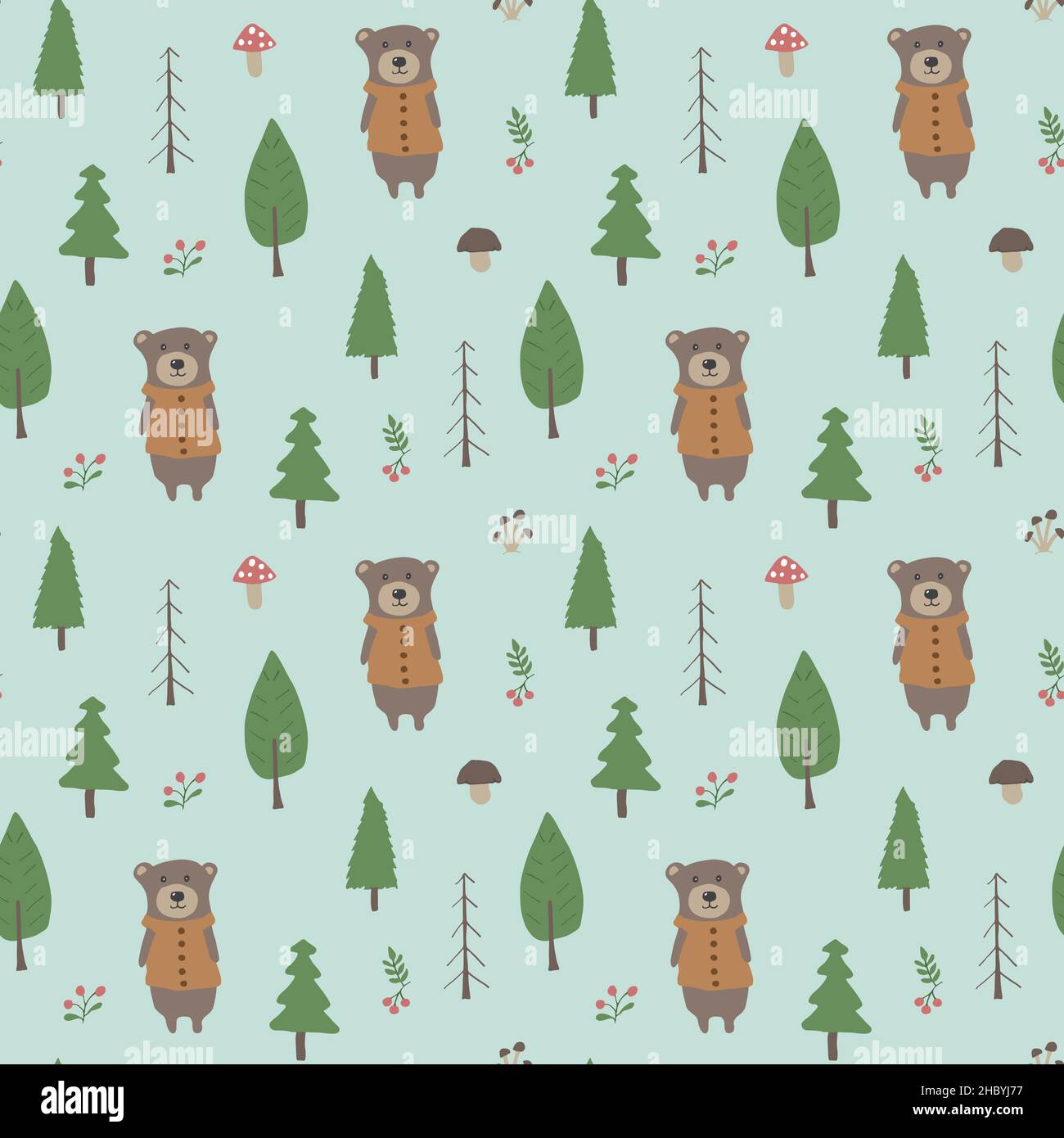 Cute bear Seamless pattern. Cartoon Animals in forest background ...