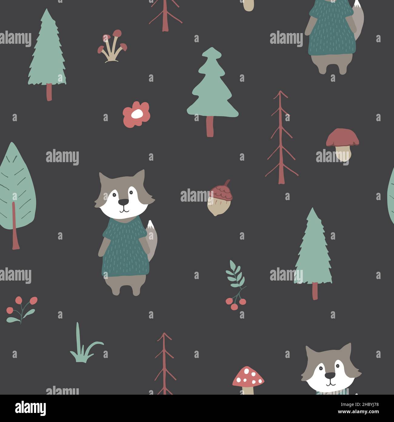 Cute wolf Seamless pattern. Cartoon Animals in forest background ...