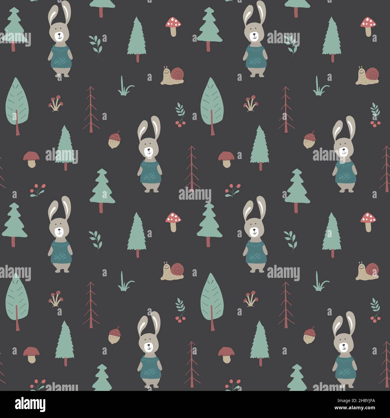 Cute rabbit Seamless pattern. Cartoon Animals in forest background ...