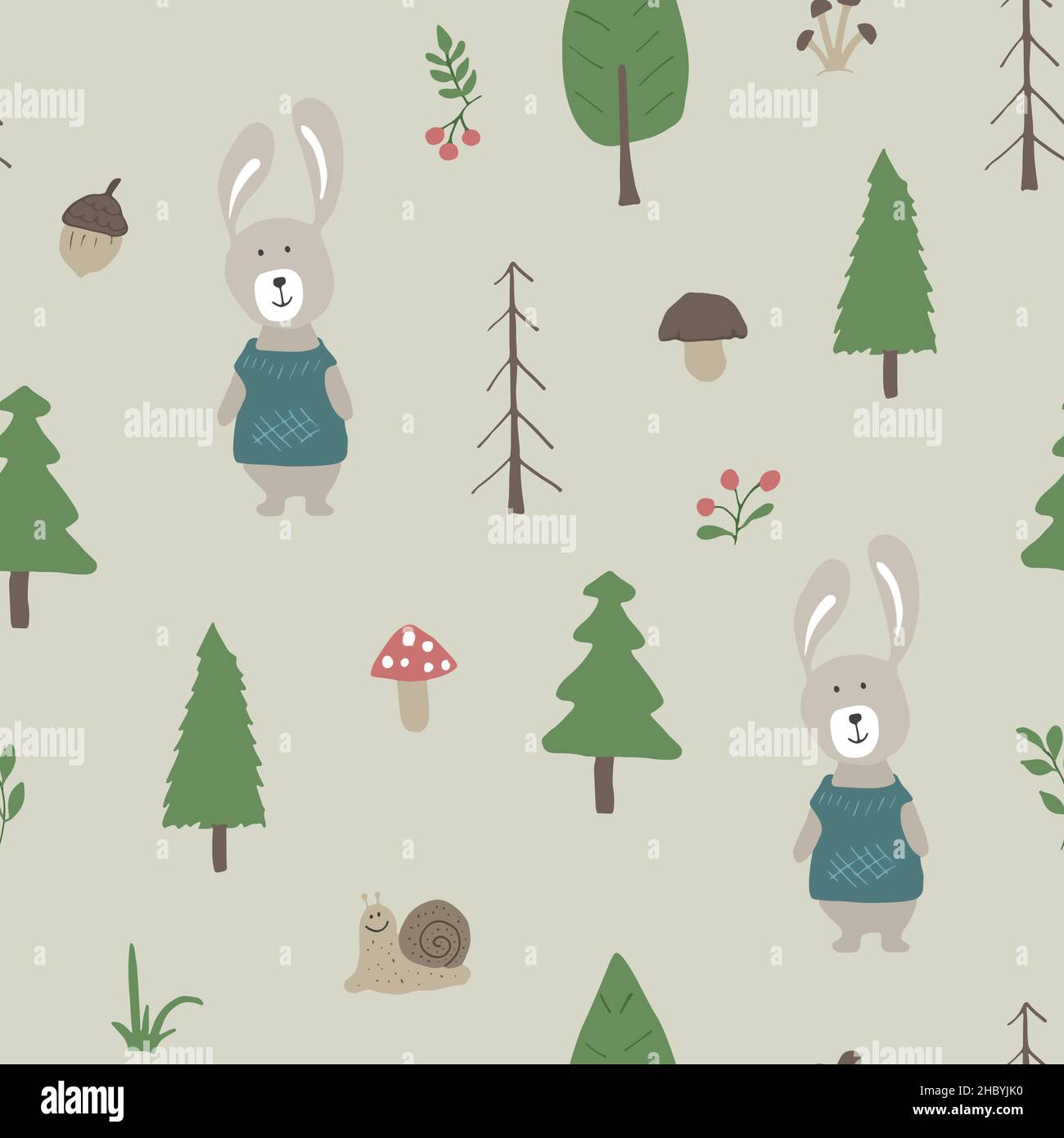 Cute rabbit Seamless pattern. Cartoon Animals in forest background ...