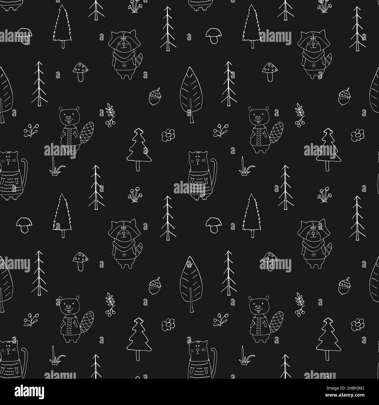 Cute animals Seamless pattern. Cartoon Animals in forest background ...
