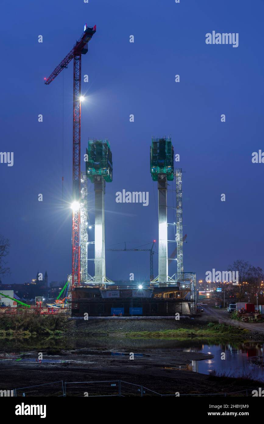 Large construction site, pylon bridge, new bridge construction over the