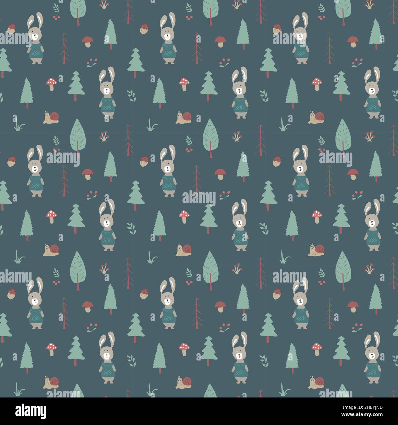 Cute rabbit Seamless pattern. Cartoon Animals in forest background ...