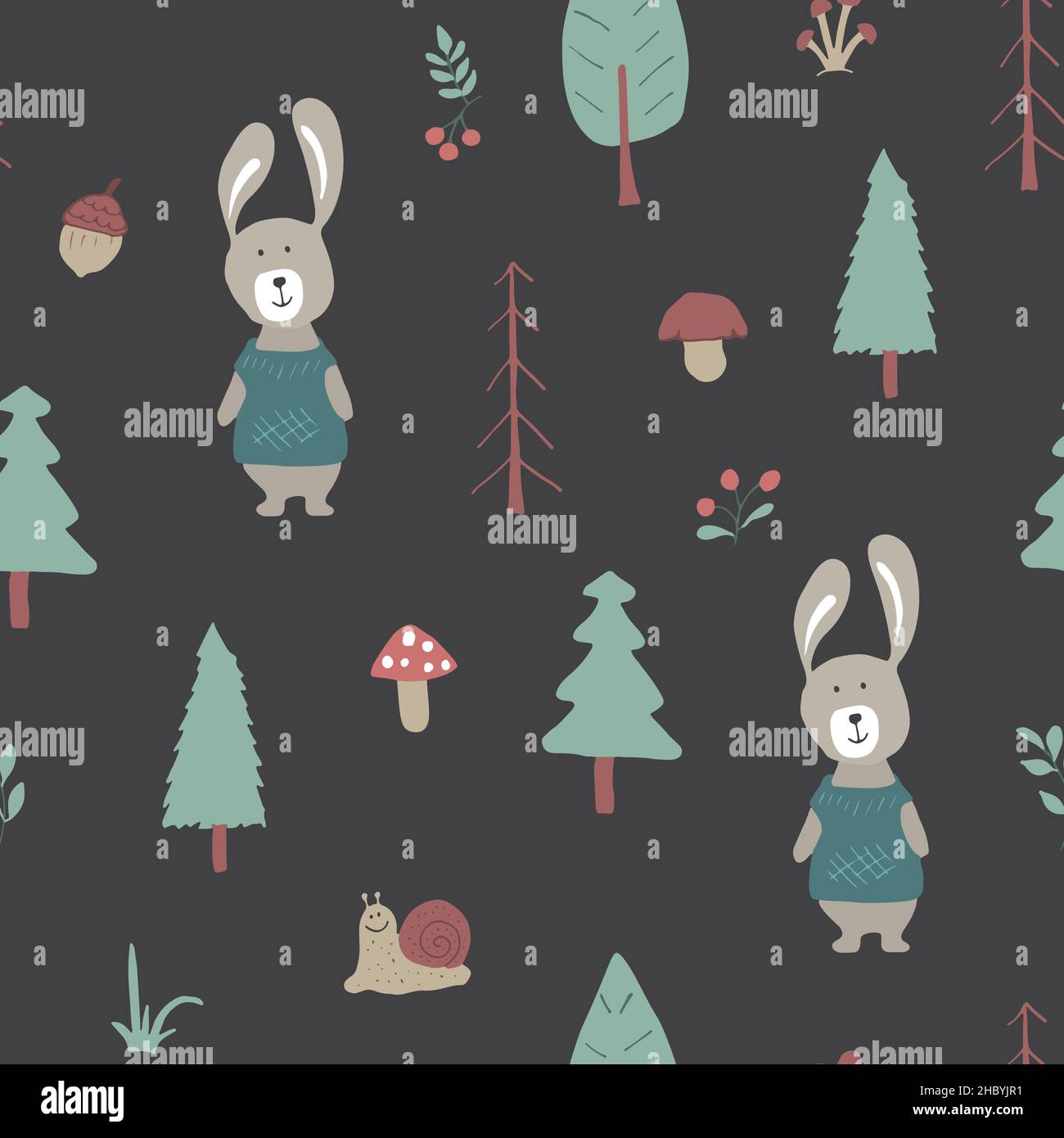 Cute rabbit Seamless pattern. Cartoon Animals in forest background ...