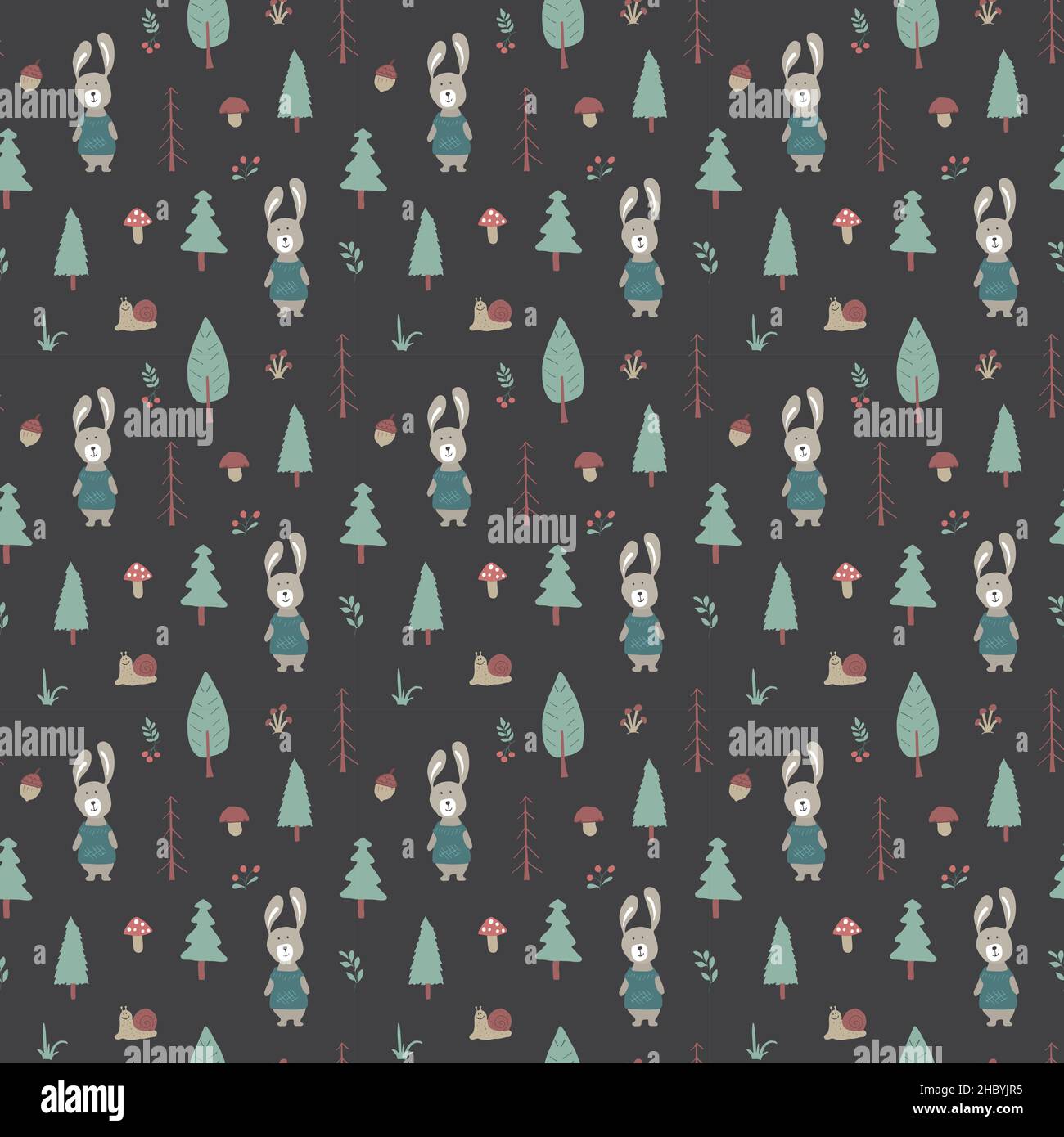 Cute rabbit Seamless pattern. Cartoon Animals in forest background ...