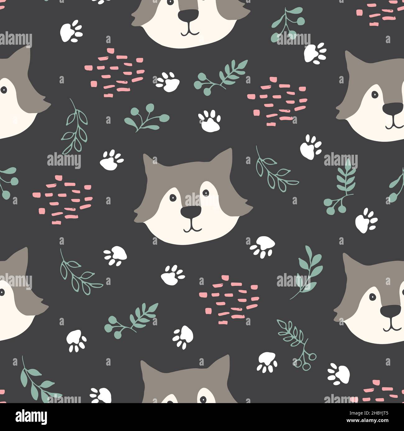 Cute wolf Seamless pattern. Cartoon Animals in forest background ...