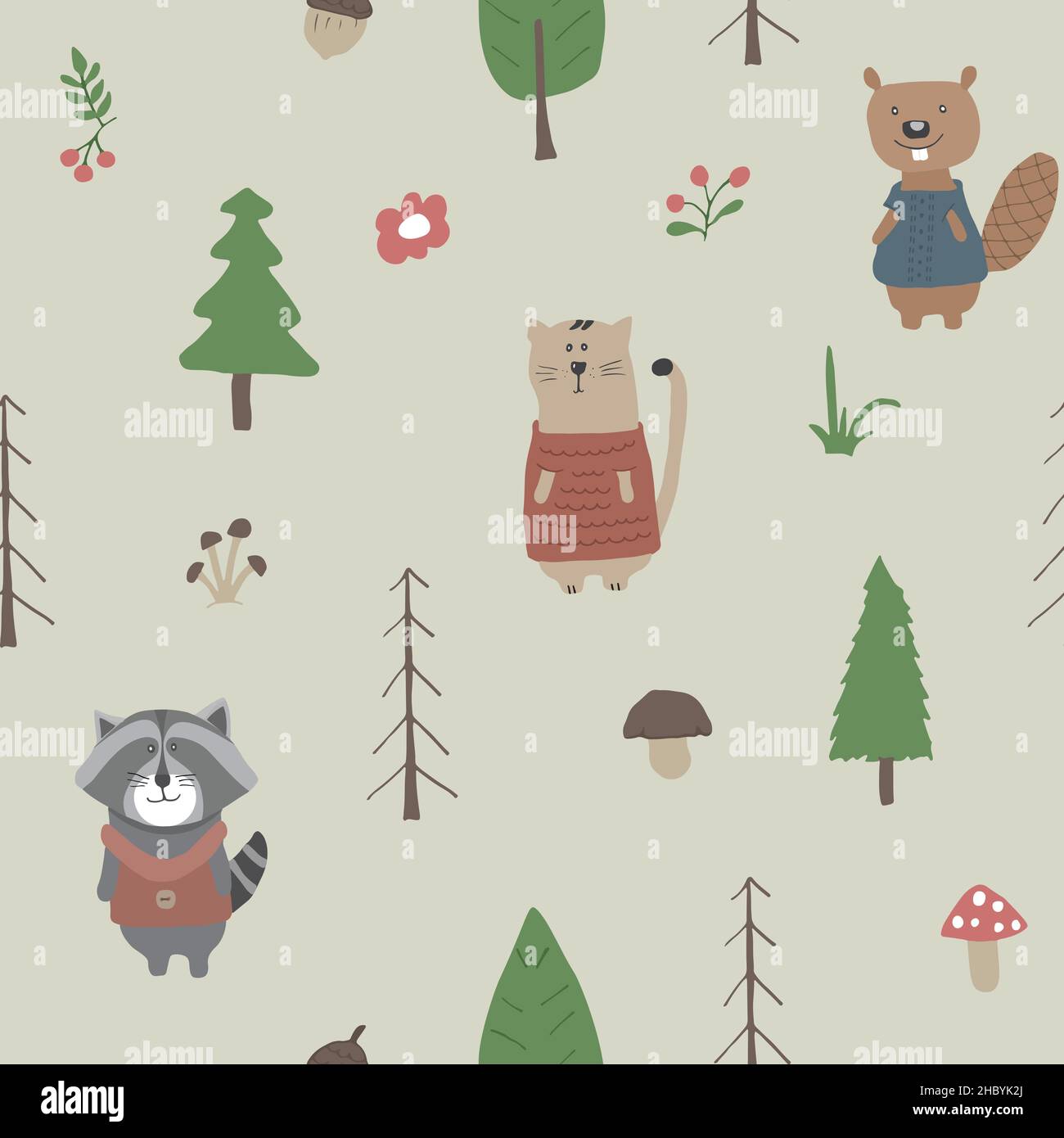 Cute animals Seamless pattern. Cartoon Animals in forest background ...
