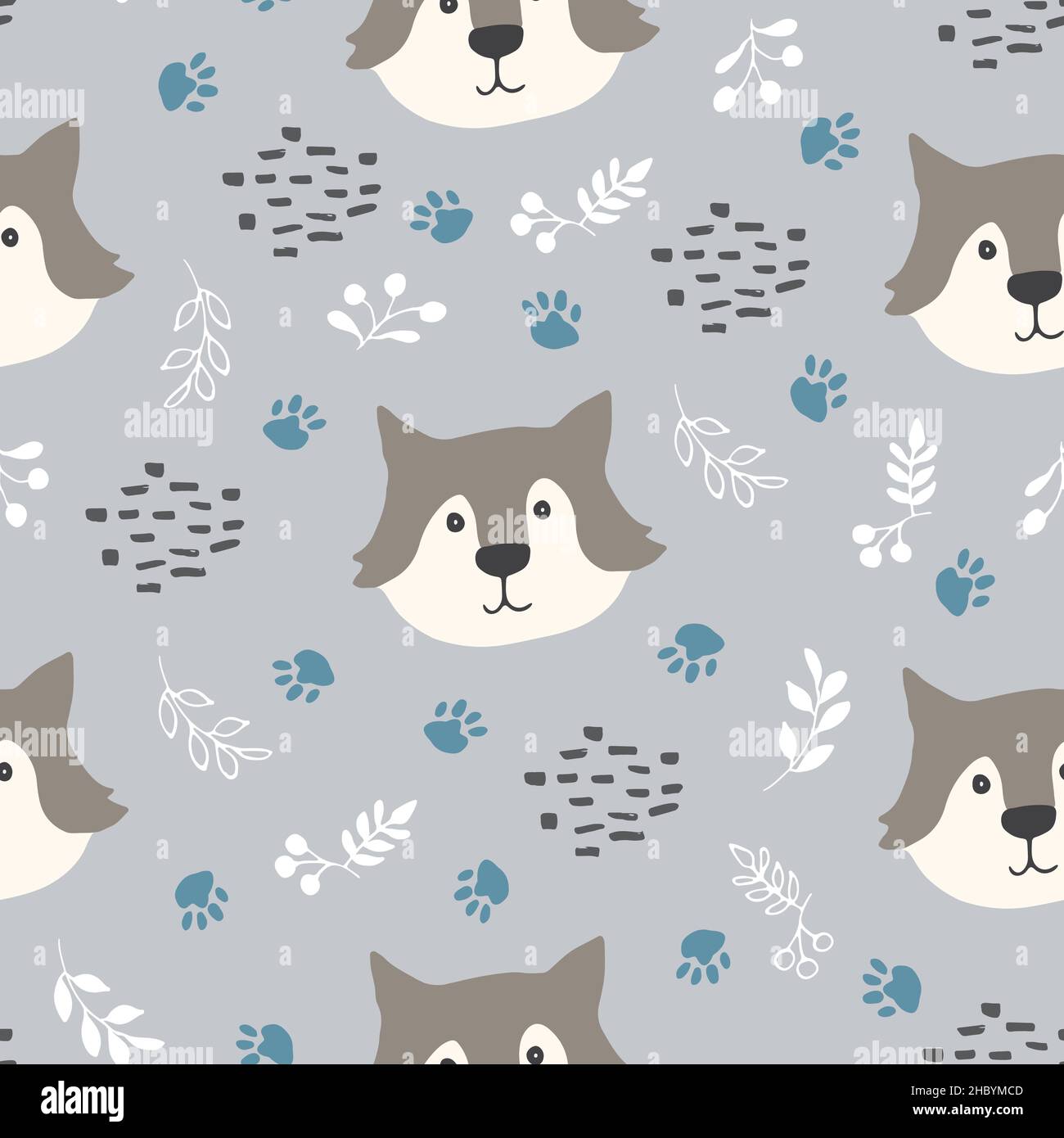 Cute wolf Seamless pattern. Cartoon Animals in forest background ...