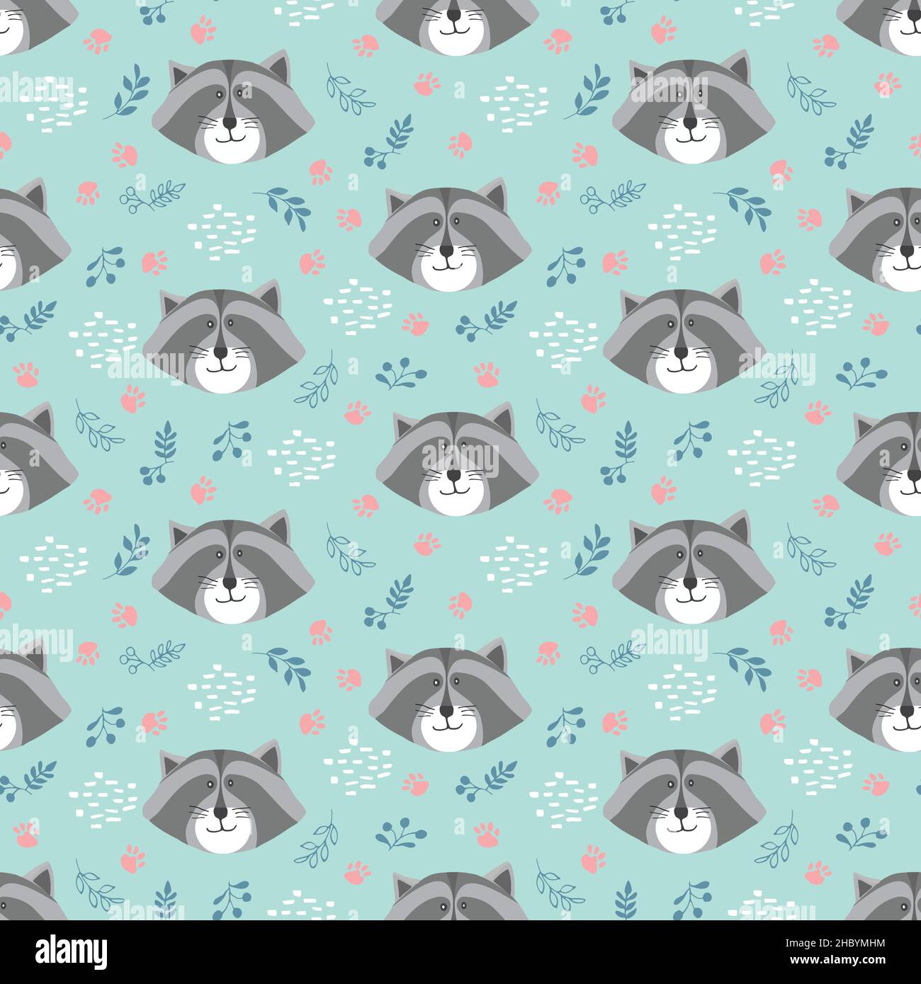 Cute Raccoon Seamless pattern. Cartoon Animals in forest background ...