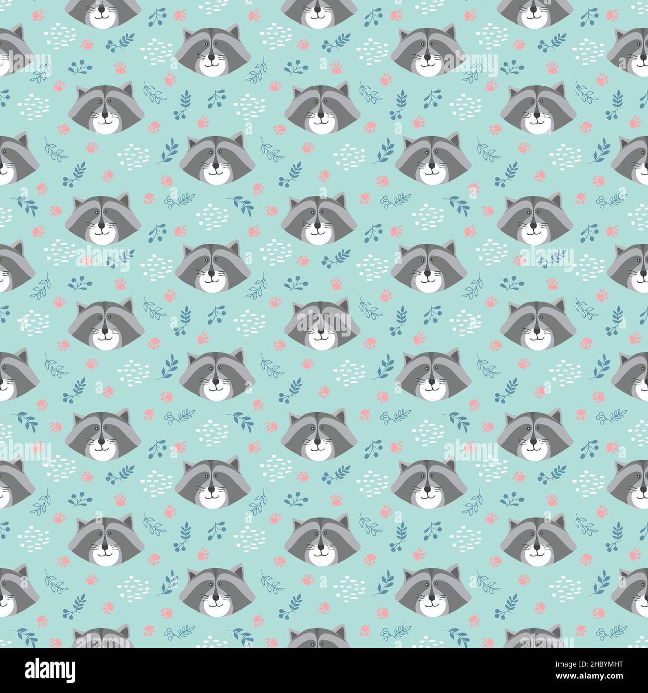 Cute Raccoon Seamless pattern. Cartoon Animals in forest background ...