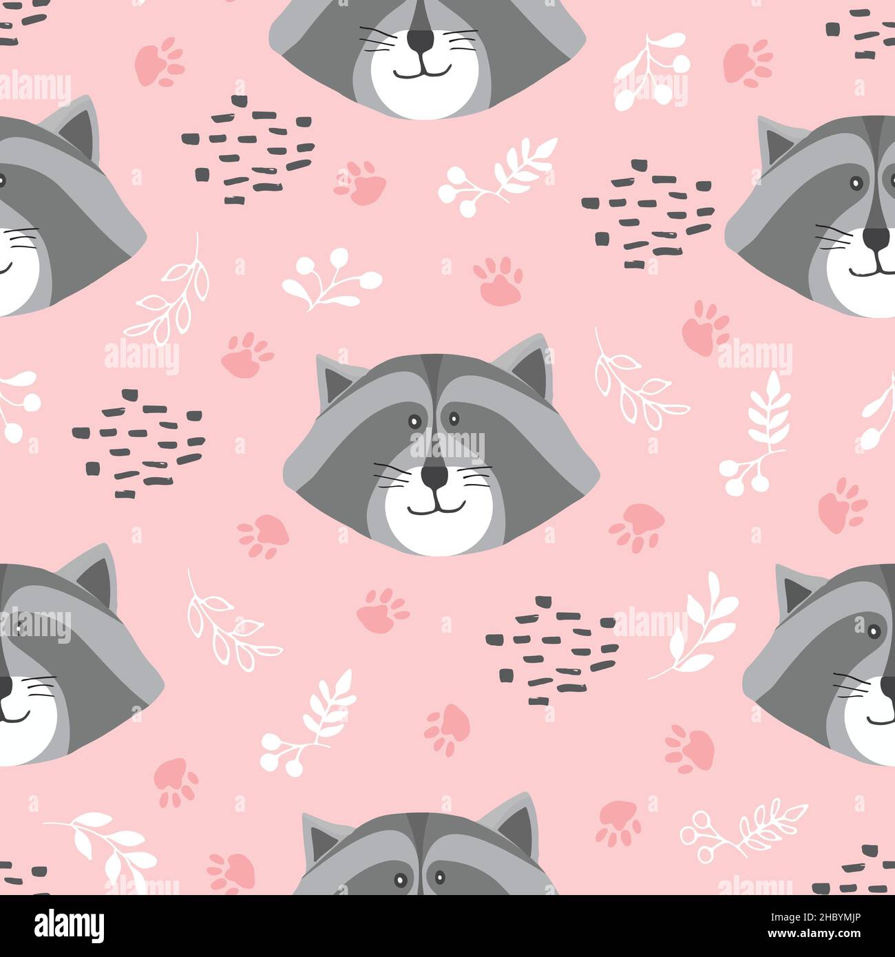 Cute Raccoon Seamless pattern. Cartoon Animals in forest background ...
