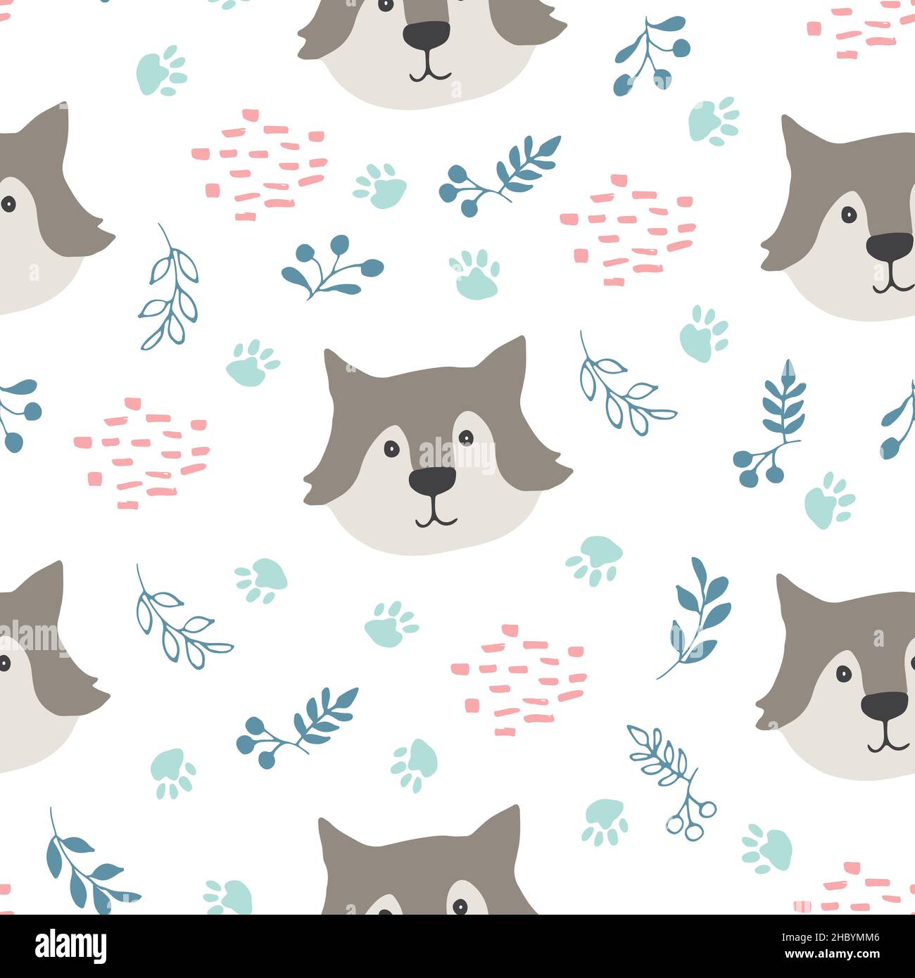 Cute wolf Seamless pattern. Cartoon Animals in forest background ...