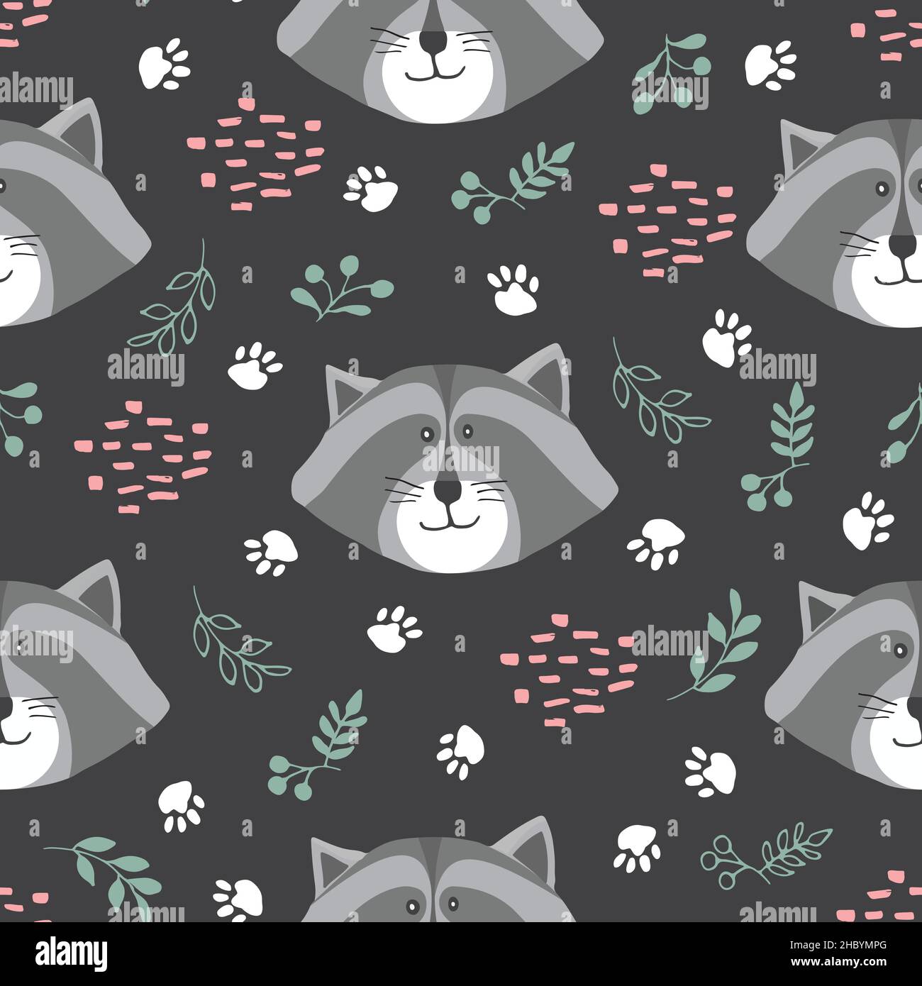 Cute Raccoon Seamless pattern. Cartoon Animals in forest background ...