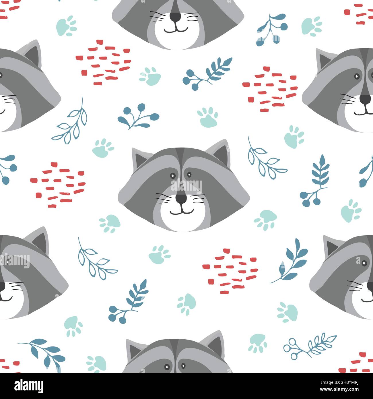 Cute Raccoon Seamless pattern. Cartoon Animals in forest background ...