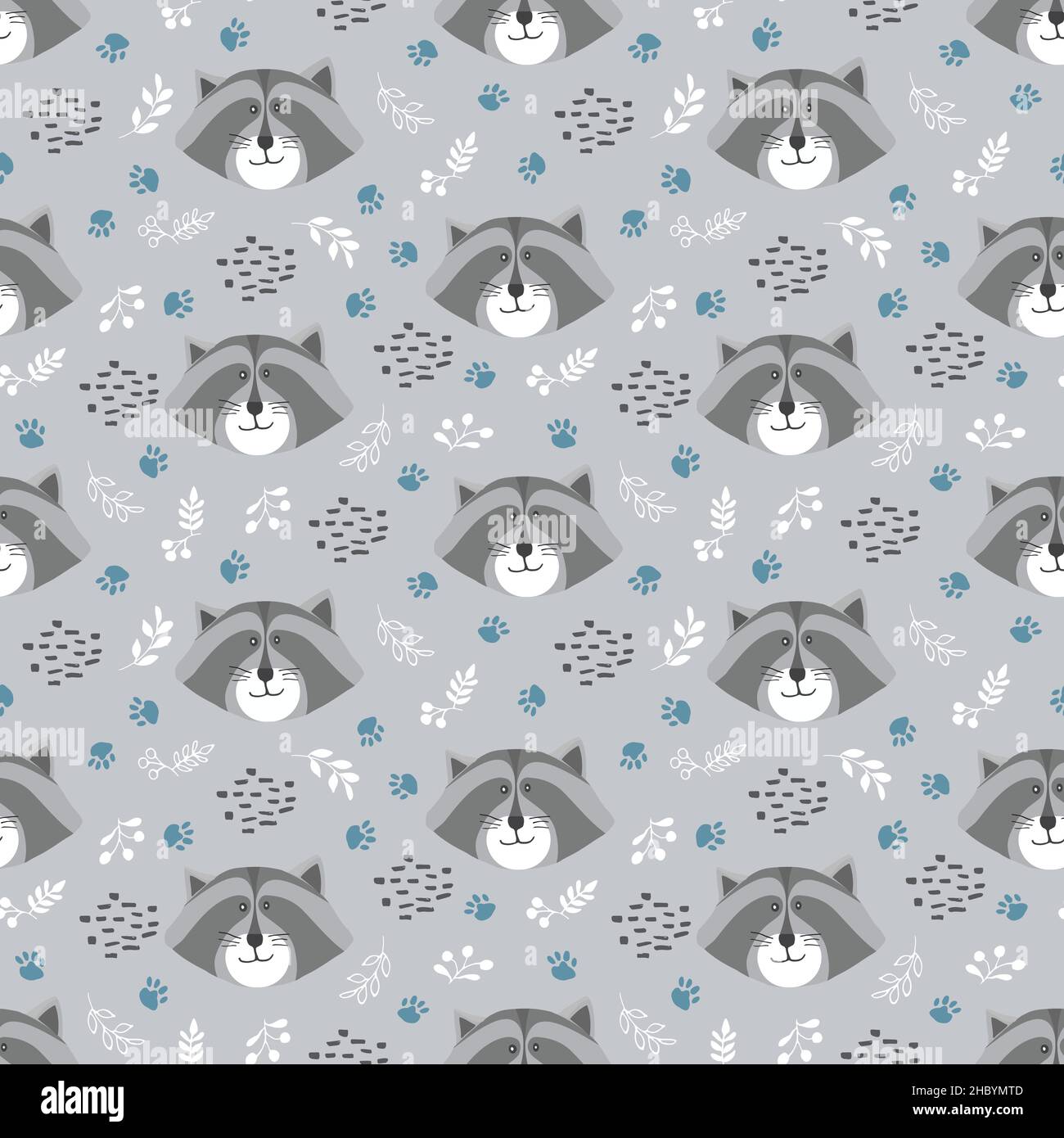 Cute Raccoon Seamless pattern. Cartoon Animals in forest background ...