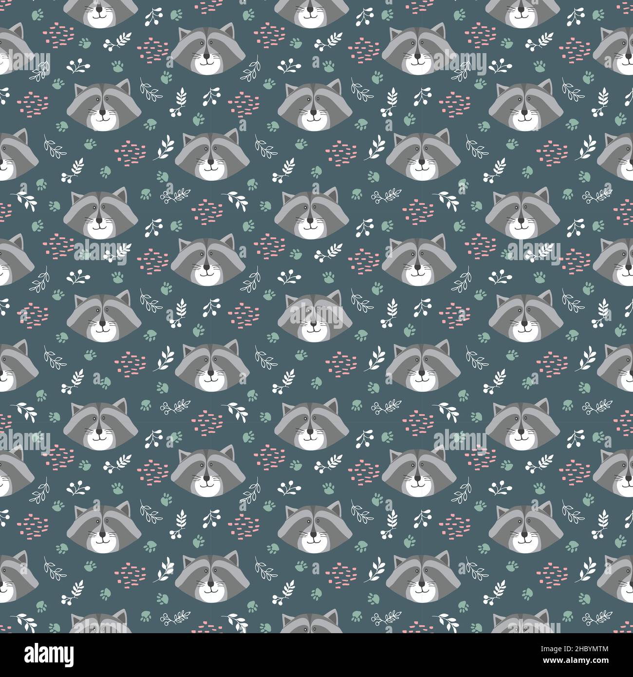 Cute Raccoon Seamless pattern. Cartoon Animals in forest background ...