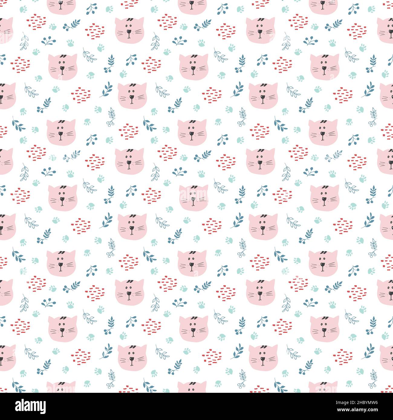 Cute Cat Seamless pattern. Cartoon Animals in forest background. Vector ...