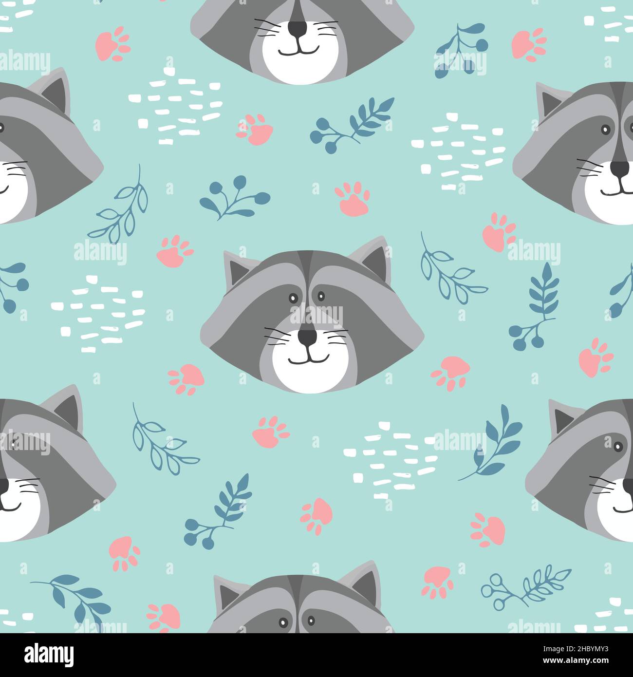 Cute Raccoon Seamless pattern. Cartoon Animals in forest background ...