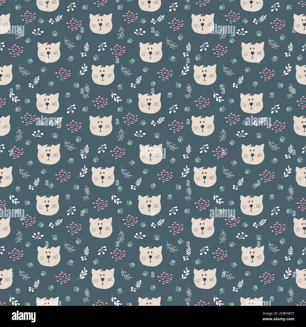 Cute Cat Seamless pattern. Cartoon Animals in forest background. Vector ...