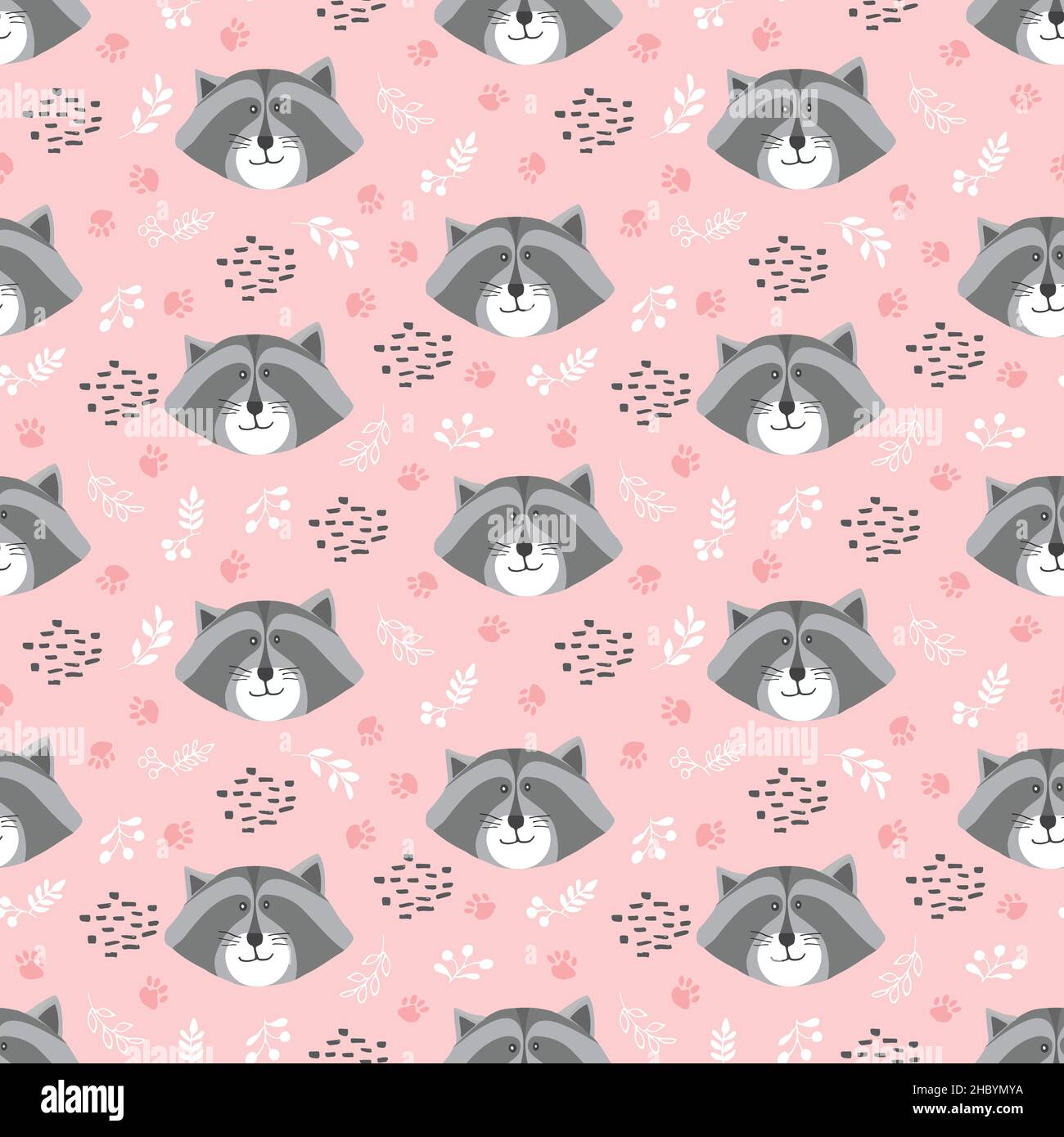 Cute Raccoon Seamless pattern. Cartoon Animals in forest background ...