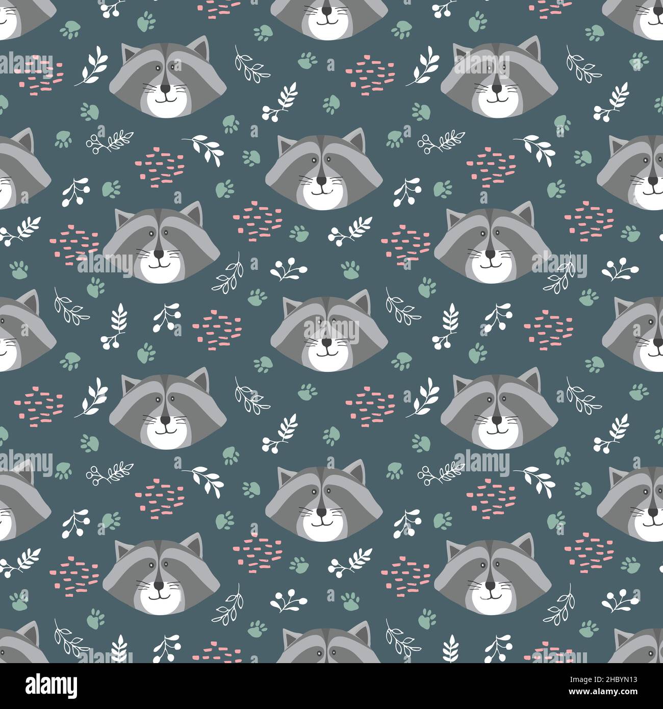 Cute Raccoon Seamless pattern. Cartoon Animals in forest background ...