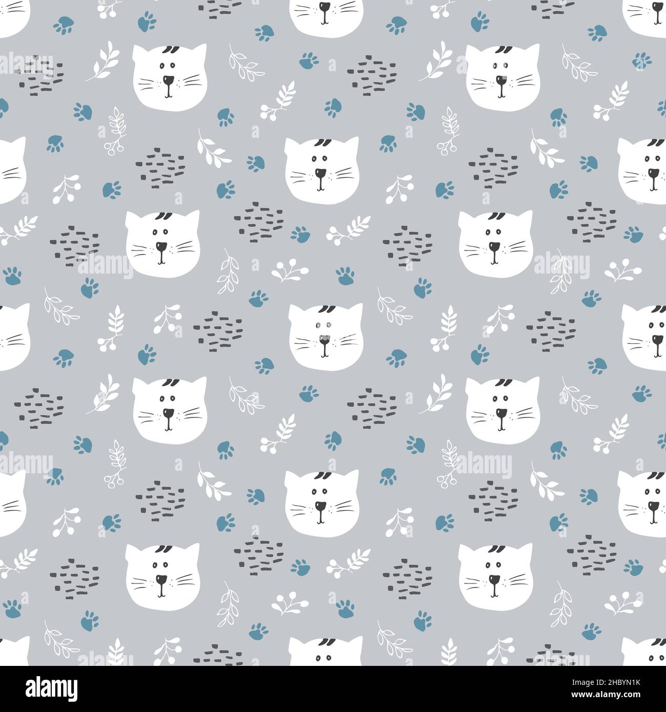 Cute Cat Seamless pattern. Cartoon Animals in forest background. Vector ...