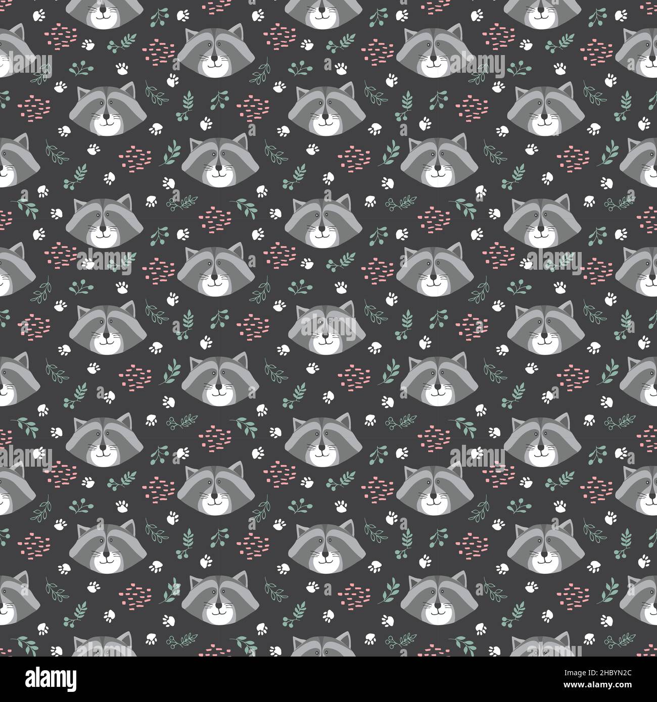 Cute Raccoon Seamless pattern. Cartoon Animals in forest background ...