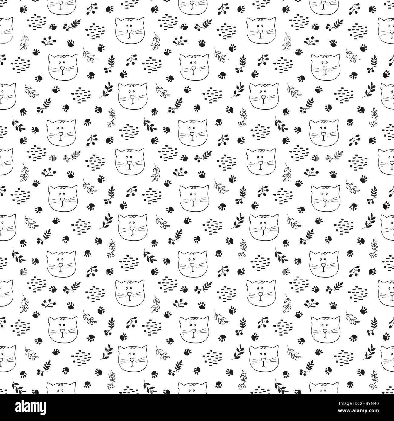 Cute Cat Seamless pattern. Cartoon Animals in forest background. Vector ...