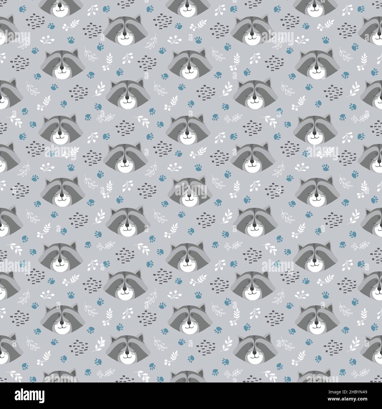 Cute Raccoon Seamless pattern. Cartoon Animals in forest background ...