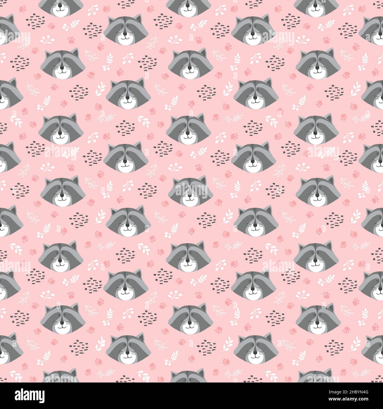 Cute Raccoon Seamless pattern. Cartoon Animals in forest background ...
