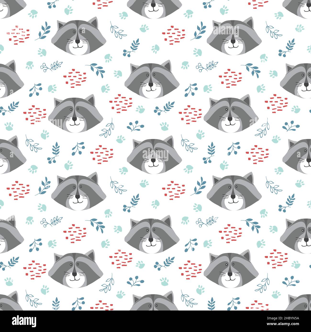 Cute Raccoon Seamless pattern. Cartoon Animals in forest background ...