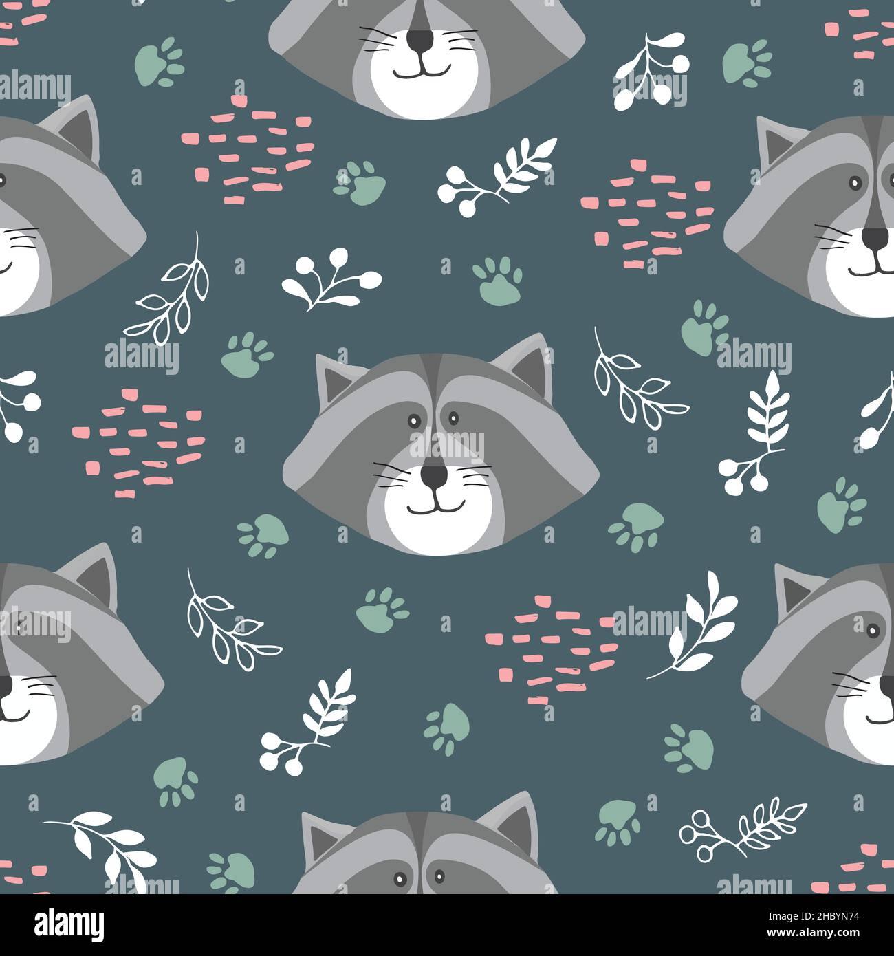 Cute Raccoon Seamless pattern. Cartoon Animals in forest background ...