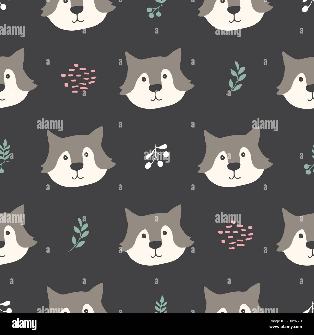 Cute wolf Seamless pattern. Cartoon Animals in forest background ...