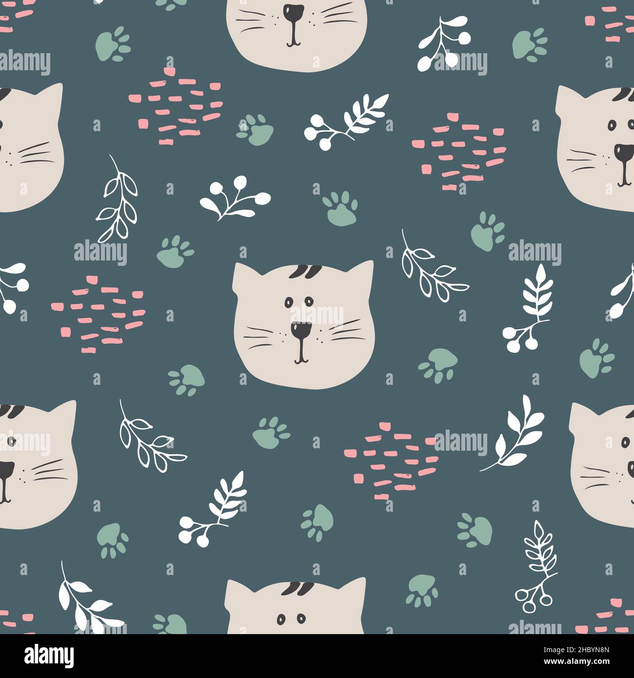 Cute Cat Seamless pattern. Cartoon Animals in forest background. Vector ...
