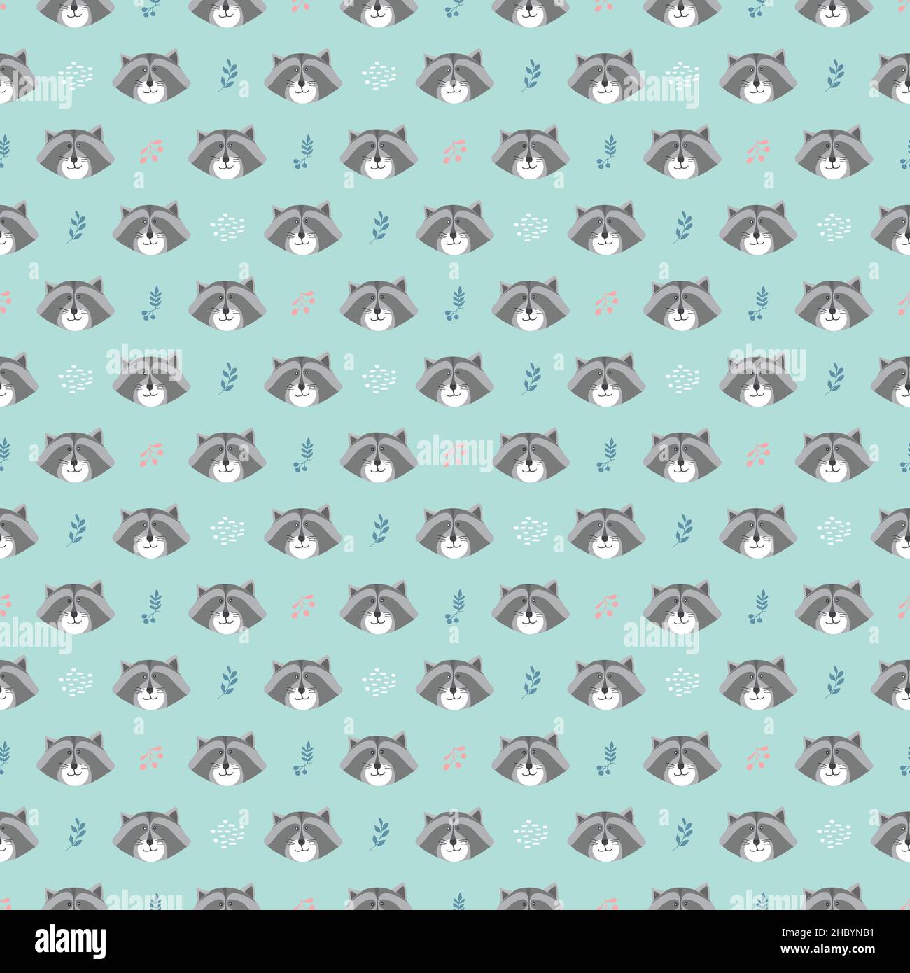 Cute Raccoon Seamless pattern. Cartoon Animals in forest background ...