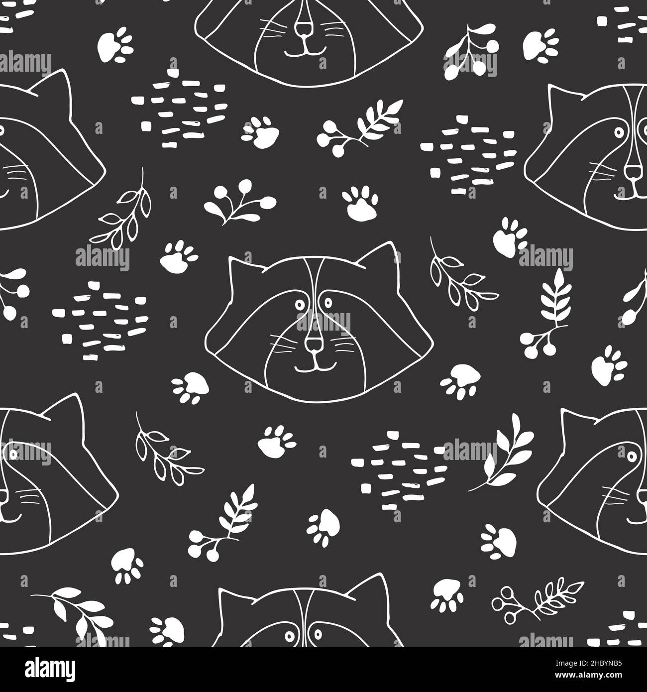 Cute Raccoon Seamless pattern. Cartoon Animals in forest background ...