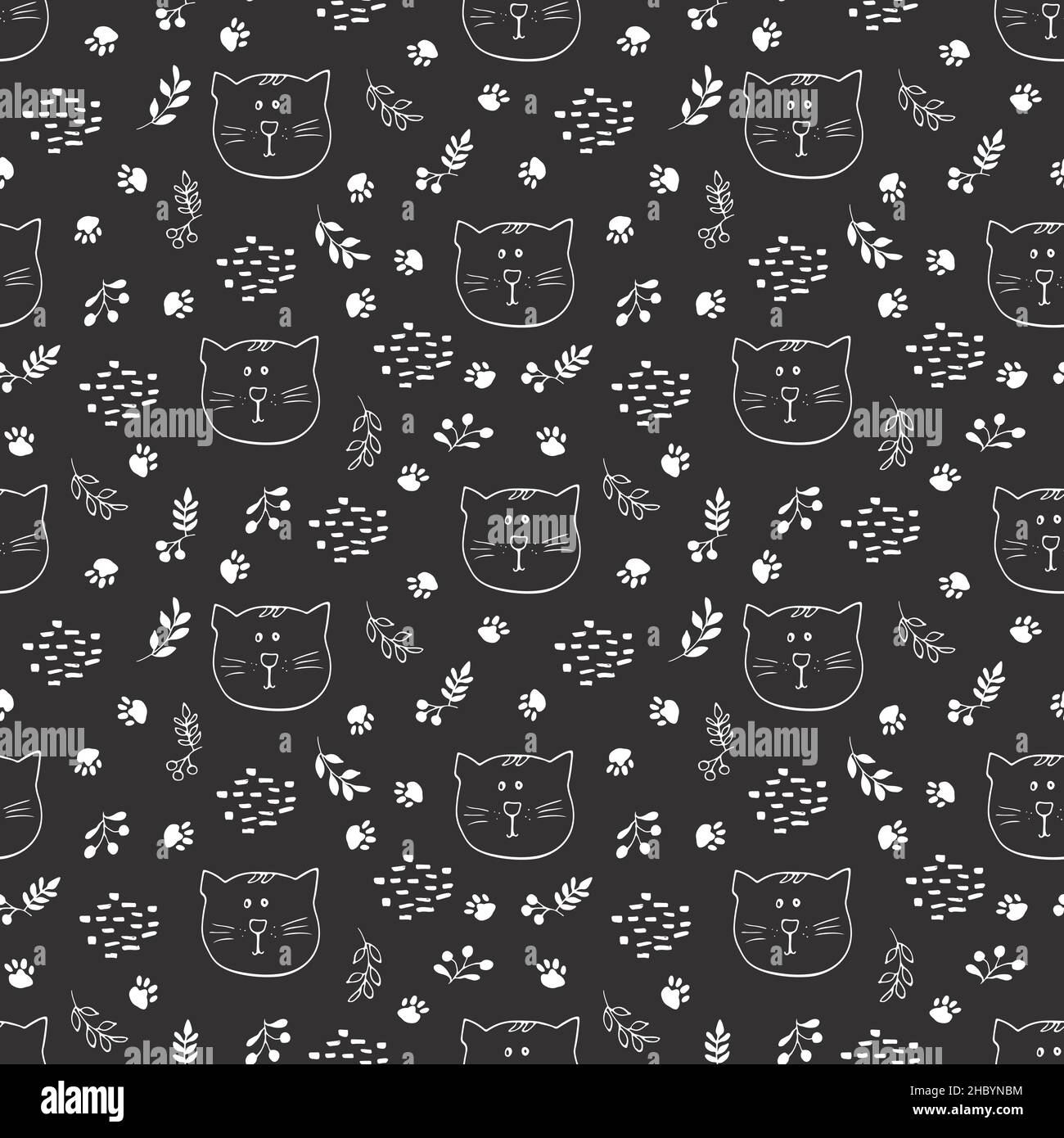 Cute Cat Seamless pattern. Cartoon Animals in forest background. Vector ...