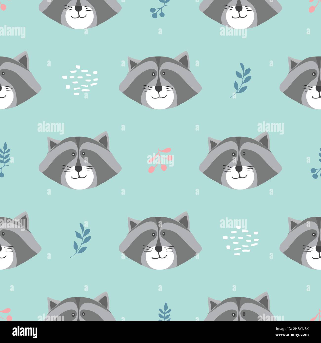 Cute Raccoon Seamless pattern. Cartoon Animals in forest background ...