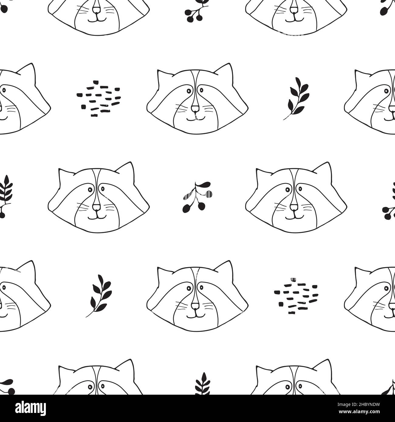 Cute Raccoon Seamless pattern. Cartoon Animals in forest background ...